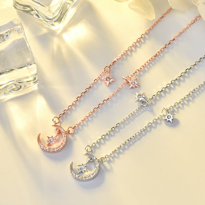 925 Sterling Silver Moon & Star Pendant Necklace - Rose Gold or White Gold Plated Zirconia Cross Chain Boho Jewelry