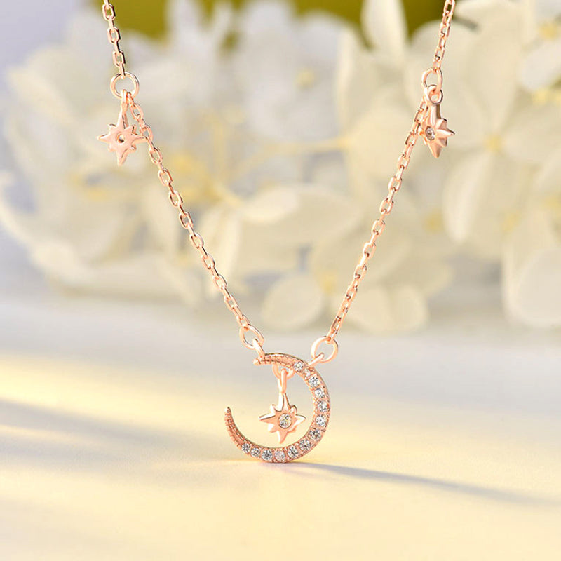 925 Sterling Silver Moon & Star Pendant Necklace - Rose Gold or White Gold Plated Zirconia Cross Chain Boho Jewelry