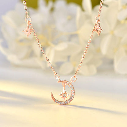 925 Sterling Silver Moon & Star Pendant Necklace - Rose Gold or White Gold Plated Zirconia Cross Chain Boho Jewelry