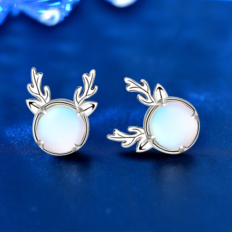 925 Sterling Silver Moonstone Deer Stud Earrings Cute Animal Jewelry for Women
