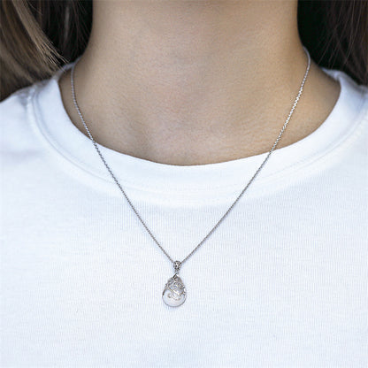 925 Sterling Silver Openwork Crystal Pendant Necklace - Vintage Inspired Collarbone Jewelry
