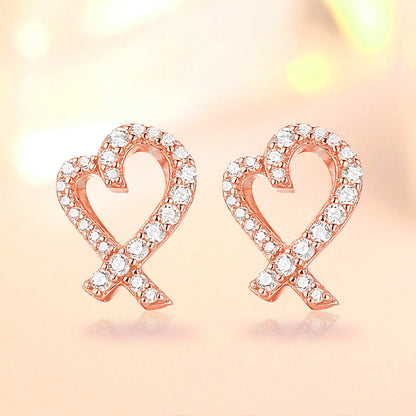 925 Sterling Silver Openwork Heart & Bow Stud Earrings – Korean-Style Zircon Jewelry