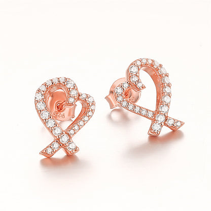 925 Sterling Silver Openwork Heart & Bow Stud Earrings – Korean-Style Zircon Jewelry
