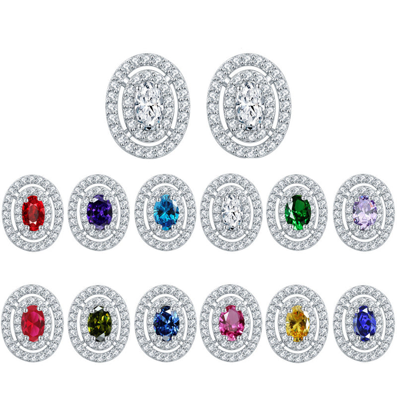 925 Sterling Silver Oval Full-Pavé Zircon Stud Earrings – Elegant Birthstone Jewelry Collection