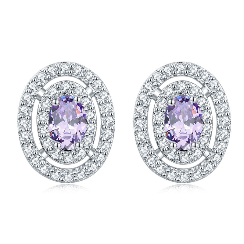 925 Sterling Silver Oval Full-Pavé Zircon Stud Earrings – Elegant Birthstone Jewelry Collection
