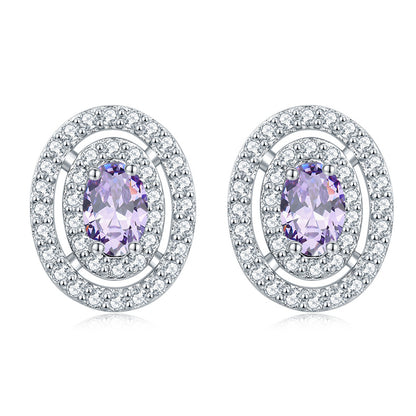925 Sterling Silver Oval Full-Pavé Zircon Stud Earrings – Elegant Birthstone Jewelry Collection