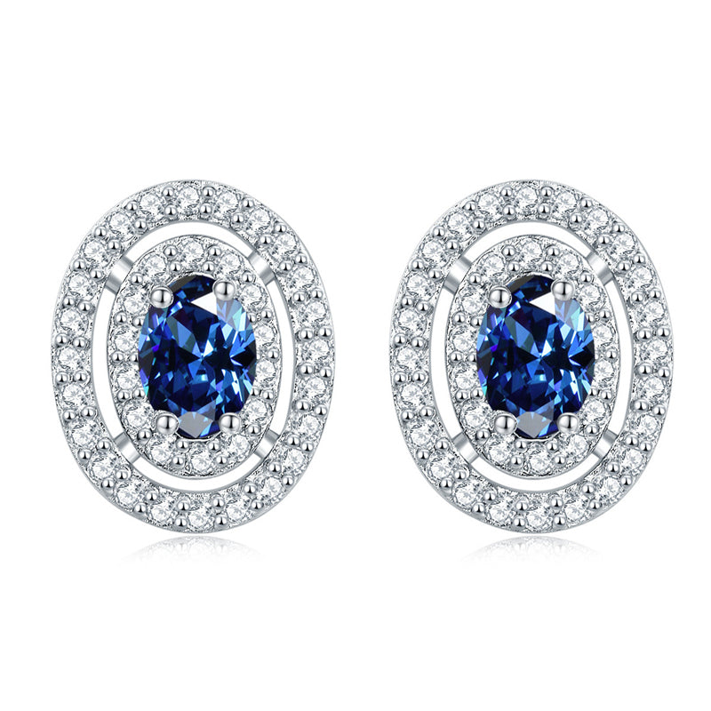 925 Sterling Silver Oval Full-Pavé Zircon Stud Earrings – Elegant Birthstone Jewelry Collection
