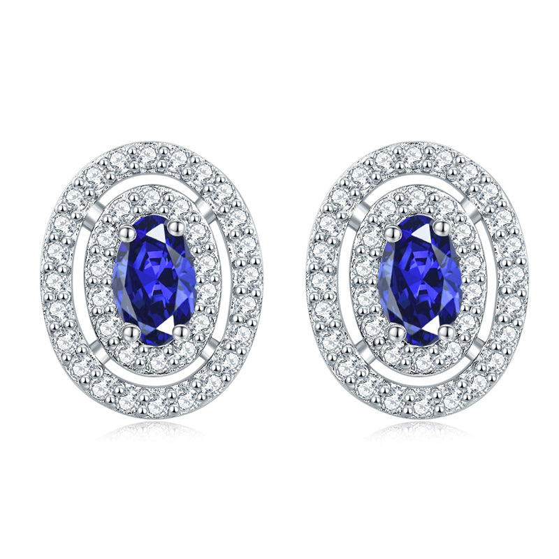 925 Sterling Silver Oval Full-Pavé Zircon Stud Earrings – Elegant Birthstone Jewelry Collection