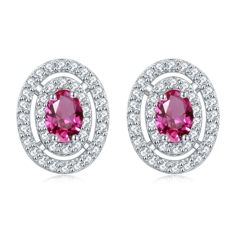 925 Sterling Silver Oval Full-Pavé Zircon Stud Earrings – Elegant Birthstone Jewelry Collection
