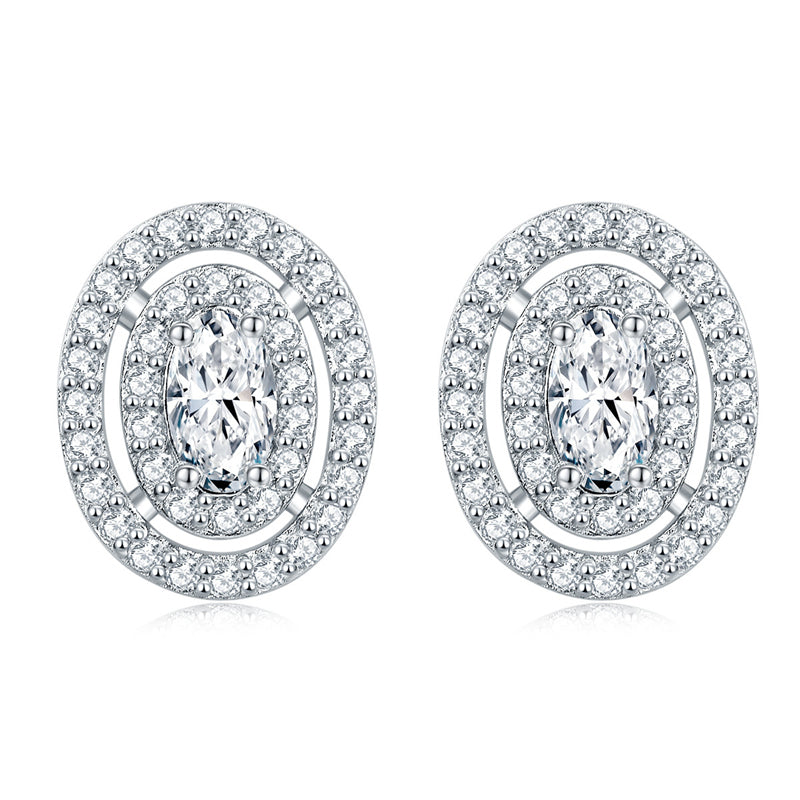 925 Sterling Silver Oval Full-Pavé Zircon Stud Earrings – Elegant Birthstone Jewelry Collection