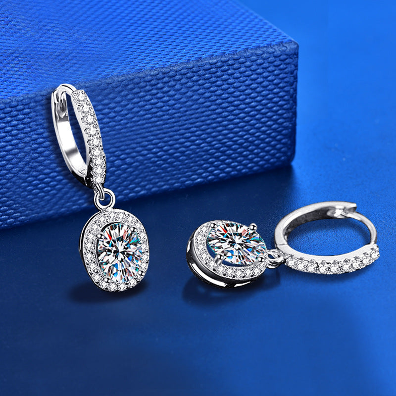 925 Sterling Silver Oval Geometric Stud Earrings with 5x7mm Moissanite - White Gold Plated Chic Jewelry for Women