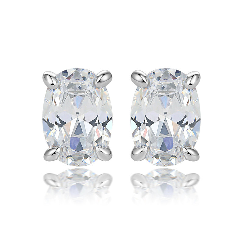 925 Sterling Silver Oval Zircon Stud Earrings – Minimalist Geometric Elegance
