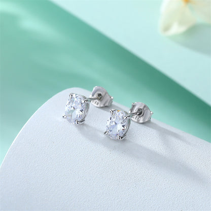 925 Sterling Silver Oval Zircon Stud Earrings – Minimalist Geometric Elegance
