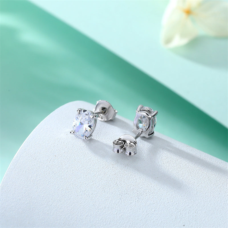 925 Sterling Silver Oval Zircon Stud Earrings – Minimalist Geometric Elegance