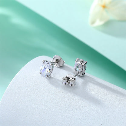 925 Sterling Silver Oval Zircon Stud Earrings – Minimalist Geometric Elegance
