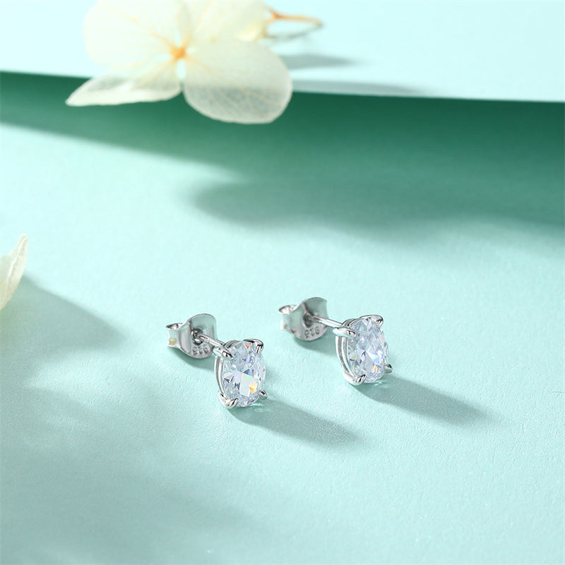 925 Sterling Silver Oval Zircon Stud Earrings – Minimalist Geometric Elegance