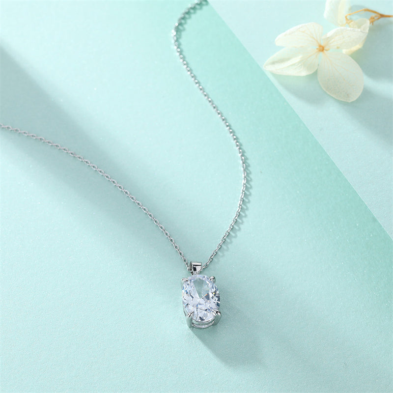 925 Sterling Silver Oval Zirconia Pendant Necklace – Elegant Egg-Shaped Collarbone Chain for Women