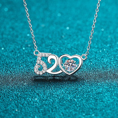 925 Sterling Silver PT950-Plated "520" Heart Pendant Necklace - 0.5CT Moissanite Valentine's Gift