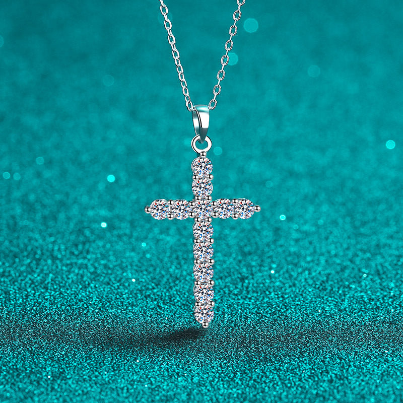 925 Sterling Silver PT950-Plated Cross Pendant Necklace - Moissanite Layered Collarbone Chain