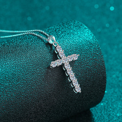 925 Sterling Silver PT950-Plated Cross Pendant Necklace - Moissanite Layered Collarbone Chain