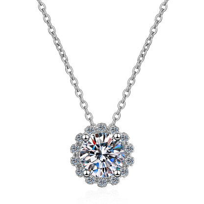 925 Sterling Silver PT950-Plated Floral Pendant Necklace - 1CT Moissanite Cluster Collarbone Chain