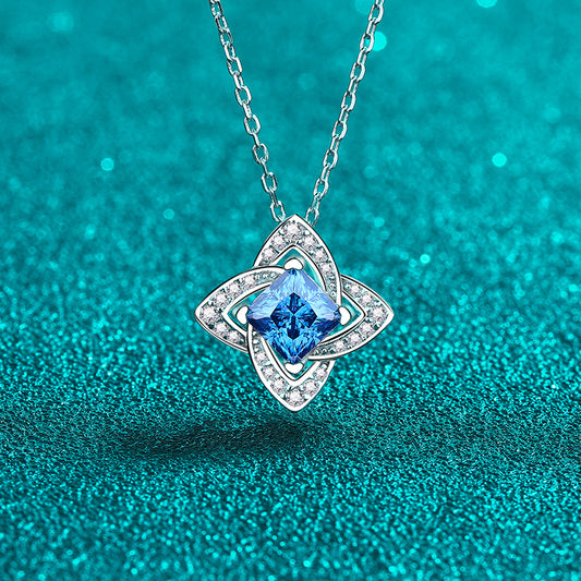 925 Sterling Silver PT950-Plated Four-Leaf Clover Pendant Necklace - 1CT Blue/White Moissanite Luxury Chain
