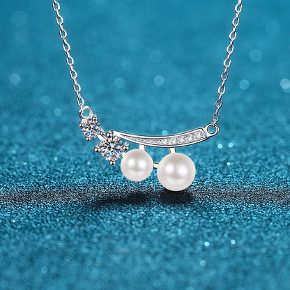 925 Sterling Silver PT950-Plated Geometric Pendant Necklace - 0.43CT Moissanite & Freshwater Pearl Chain