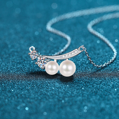 925 Sterling Silver PT950-Plated Geometric Pendant Necklace - 0.43CT Moissanite & Freshwater Pearl Chain