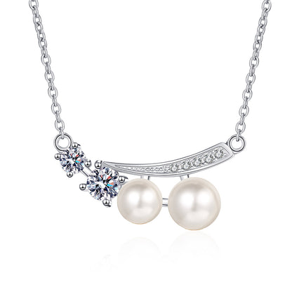 925 Sterling Silver PT950-Plated Geometric Pendant Necklace - 0.43CT Moissanite & Freshwater Pearl Chain