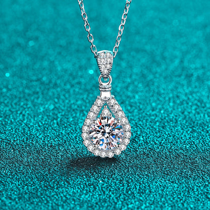 925 Sterling Silver PT950-Plated Geometric Pendant Necklace - 1CT Moissanite Statement Collarbone Chain