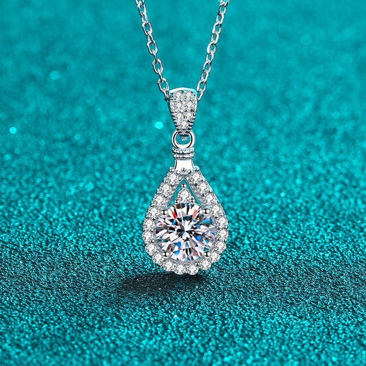 925 Sterling Silver PT950-Plated Geometric Pendant Necklace - 1CT Moissanite Statement Collarbone Chain