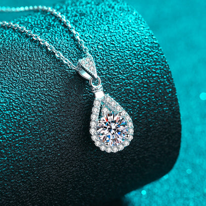 925 Sterling Silver PT950-Plated Geometric Pendant Necklace - 1CT Moissanite Statement Collarbone Chain