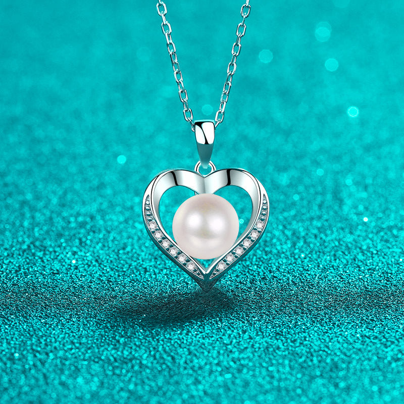 925 Sterling Silver PT950-Plated Heart Pendant Necklace - 0.096CT Moissanite & 8-9mm Freshwater Pearl Chain