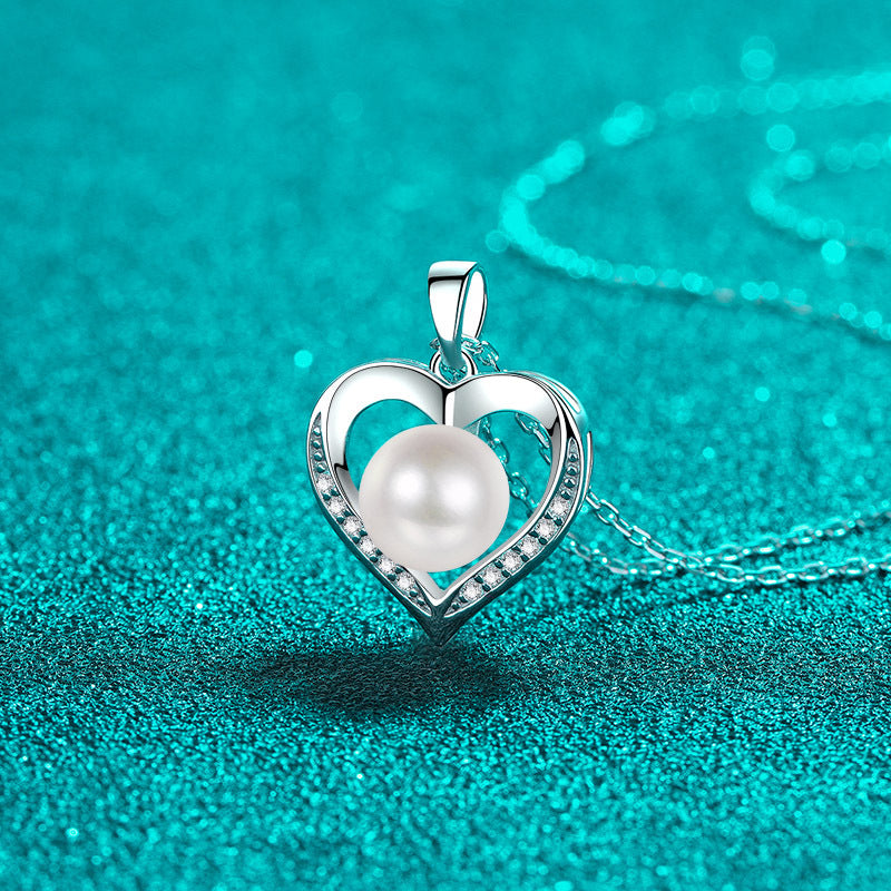925 Sterling Silver PT950-Plated Heart Pendant Necklace - 0.096CT Moissanite & 8-9mm Freshwater Pearl Chain