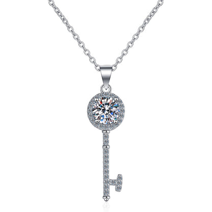 925 Sterling Silver PT950-Plated Key Pendant Necklace - 0.5CT/1CT Moissanite Korean Style Collarbone Chain