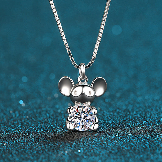 925 Sterling Silver PT950-Plated Mouse Pendant Necklace - 0.5CT Moissanite Zodiac Collarbone Chain