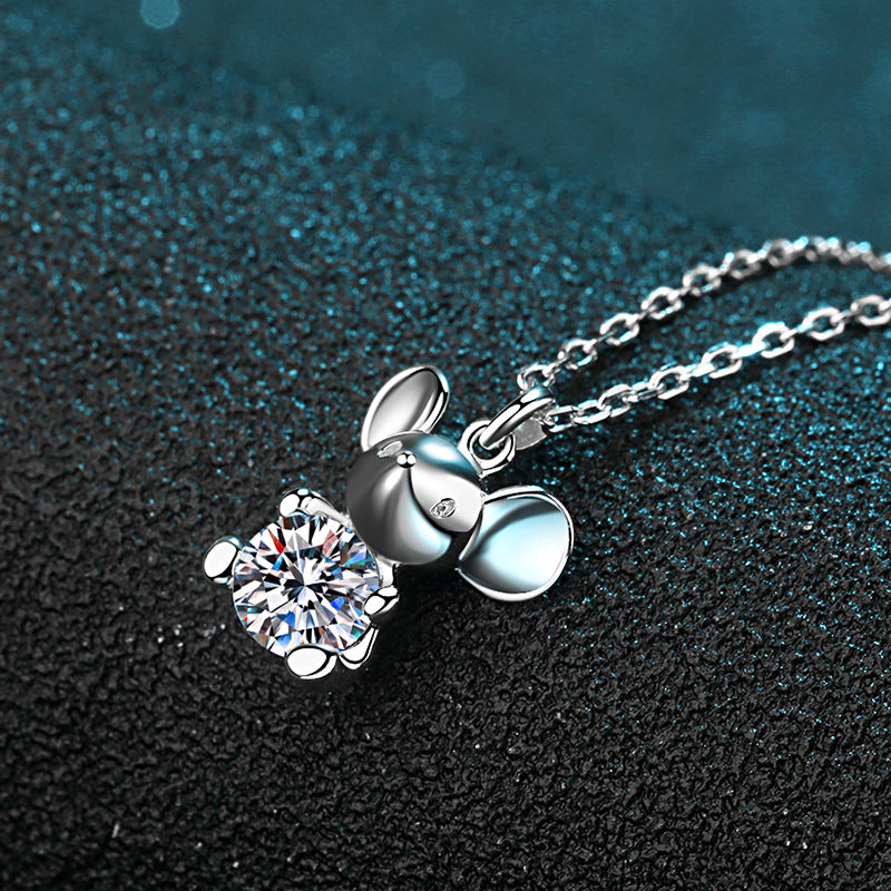 925 Sterling Silver PT950-Plated Mouse Pendant Necklace - 0.5CT Moissanite Zodiac Collarbone Chain