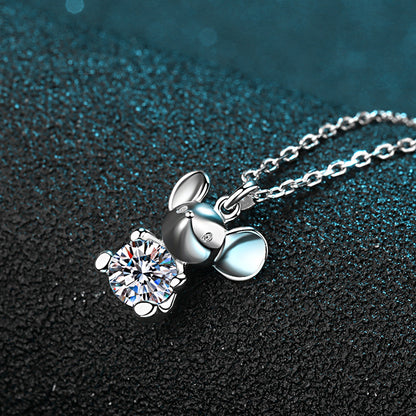 925 Sterling Silver PT950-Plated Mouse Pendant Necklace - 0.5CT Moissanite Zodiac Collarbone Chain