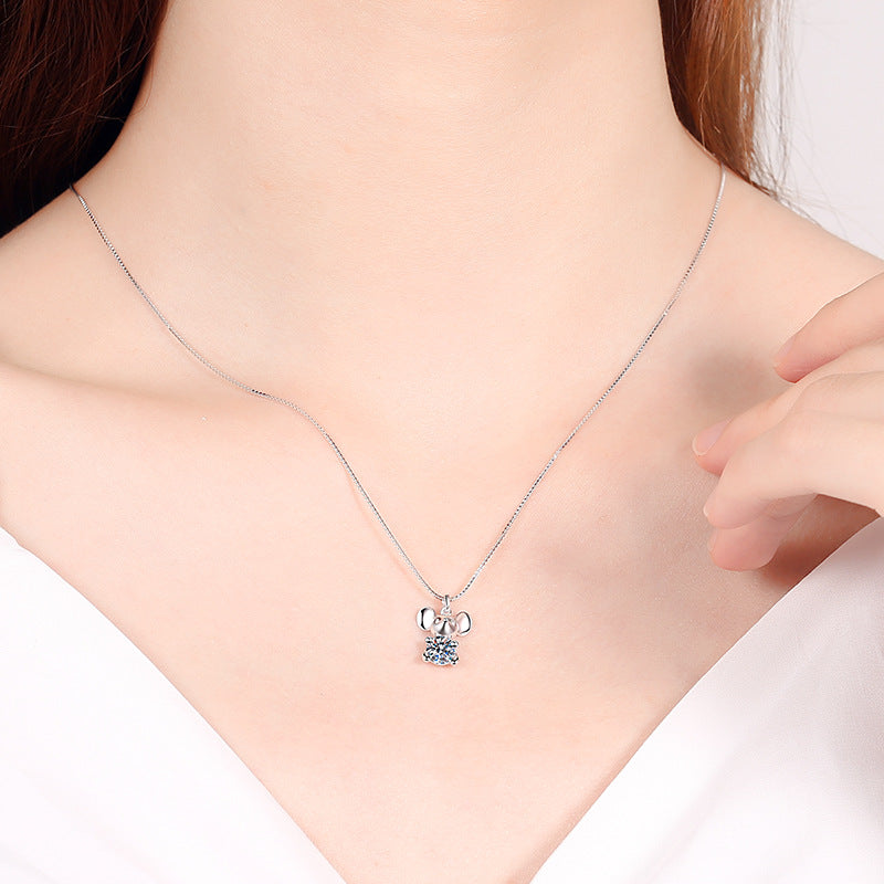 925 Sterling Silver PT950-Plated Mouse Pendant Necklace - 0.5CT Moissanite Zodiac Collarbone Chain