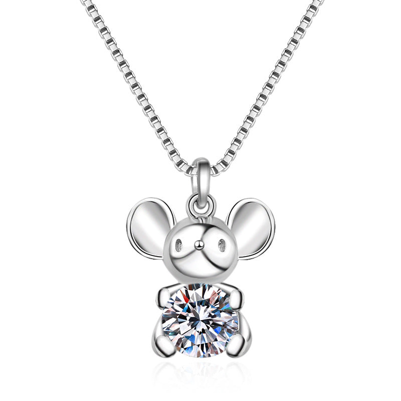 925 Sterling Silver PT950-Plated Mouse Pendant Necklace - 0.5CT Moissanite Zodiac Collarbone Chain