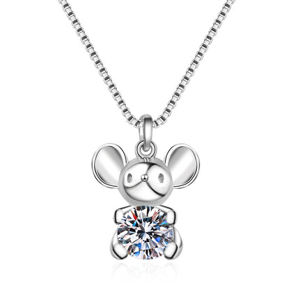 925 Sterling Silver PT950-Plated Mouse Pendant Necklace - 0.5CT Moissanite Zodiac Collarbone Chain