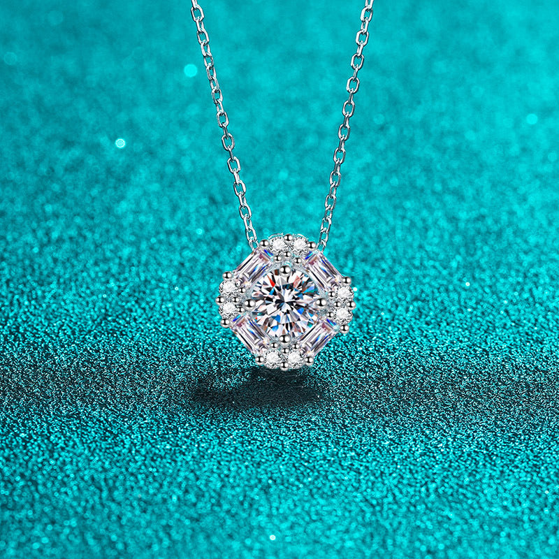 925 Sterling Silver PT950-Plated Square Pendant Necklace - 1.62CT Moissanite Luxury Collarbone Chain