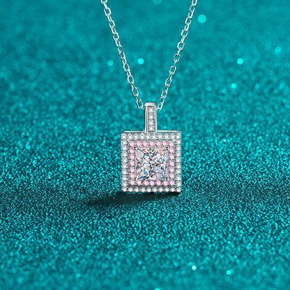 925 Sterling Silver PT950-Plated Sugar Cube Pendant Necklace - 1CT Moissanite Rose Gold Chain