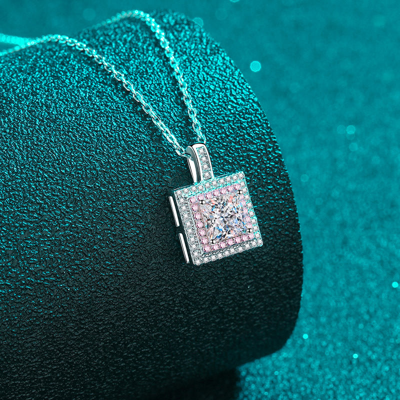 925 Sterling Silver PT950-Plated Sugar Cube Pendant Necklace - 1CT Moissanite Rose Gold Chain