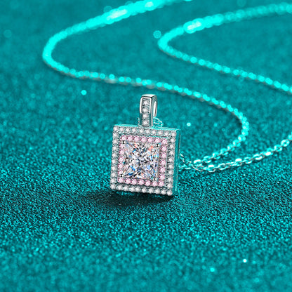 925 Sterling Silver PT950-Plated Sugar Cube Pendant Necklace - 1CT Moissanite Rose Gold Chain