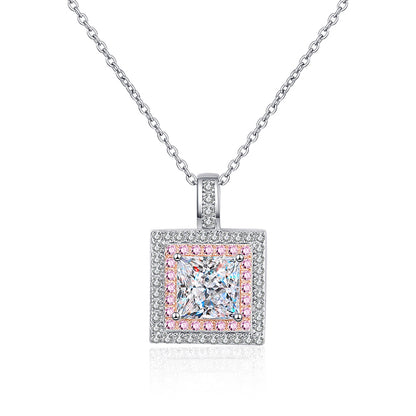 925 Sterling Silver PT950-Plated Sugar Cube Pendant Necklace - 1CT Moissanite Rose Gold Chain