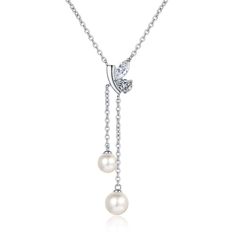 925 Sterling Silver PT950 -Plated Necklace - 1 Carat Moissanite & 6/8mm Pearl Cherry Motif Sporty Choker