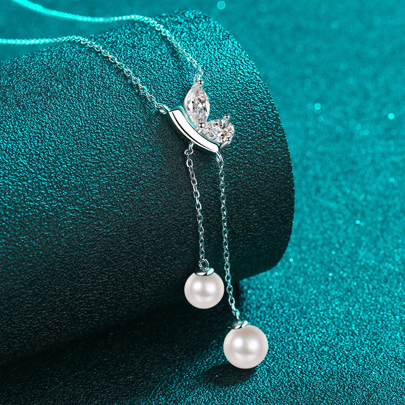 925 Sterling Silver PT950 -Plated Necklace - 1 Carat Moissanite & 6/8mm Pearl Cherry Motif Sporty Choker
