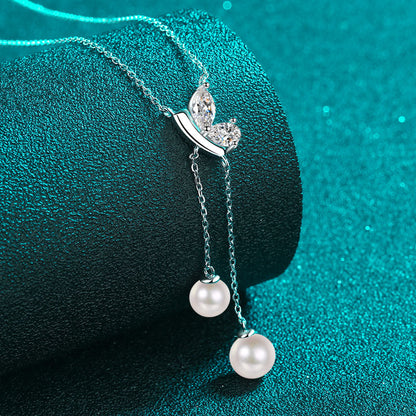925 Sterling Silver PT950 -Plated Necklace - 1 Carat Moissanite & 6/8mm Pearl Cherry Motif Sporty Choker