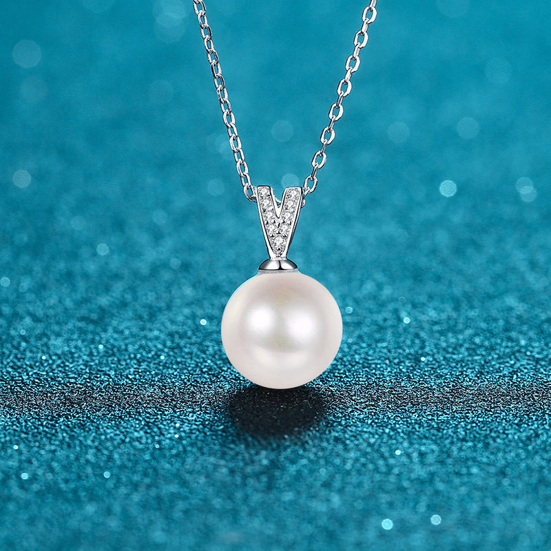 925 Sterling Silver PT950 -Plated Necklace - 4.5-Point Moissanite & 10-11mm Flawless Freshwater Pearl Minimalist Choker